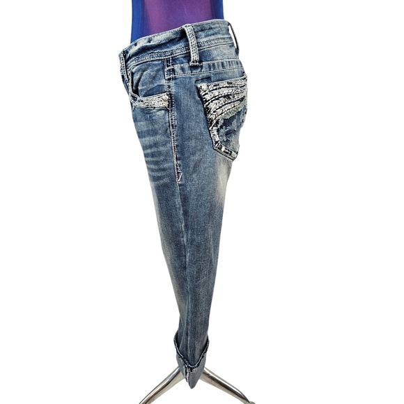 NWT Grace in LA‎ Embellished & Faded Stretch Denim Capri Pants Rolled Cuff B111 - Picture 5 of 10